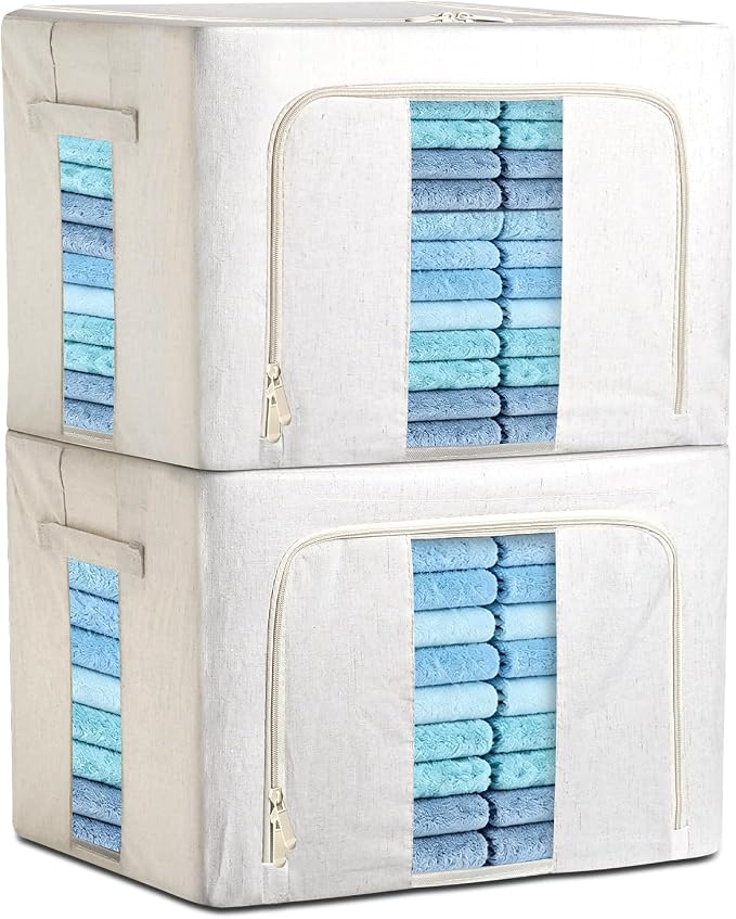 Foldable Clothes Storage Bins with Solid core powder-coated steel fram, 24/ 66L Storage Bags Fabric Box Organizer with Clear Window Zippers Sturdy Handles 2 Pack (Beige, 66L 2Pack) by Amengsen