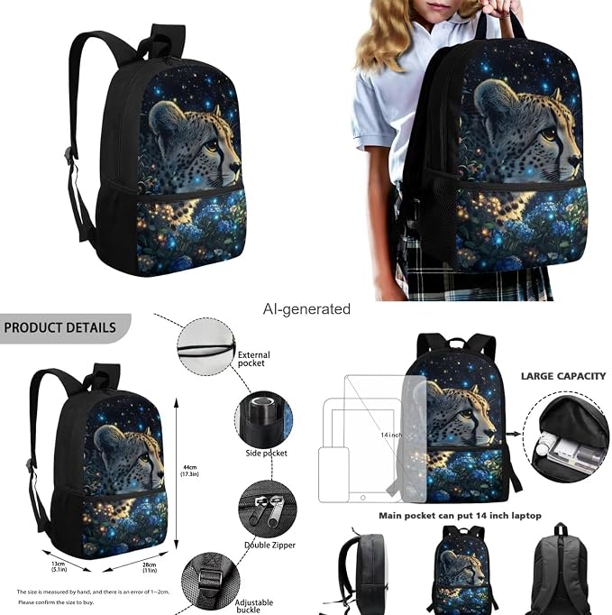 Aesthetic Leopard Backpack for Girls Kids Backpack with Lunch Box Water Bottle Holder with Strap and Soft Pencil Case 4PCS Set Bookbag with Front Pocket for School 17" Lightweight School Bag - Image 3