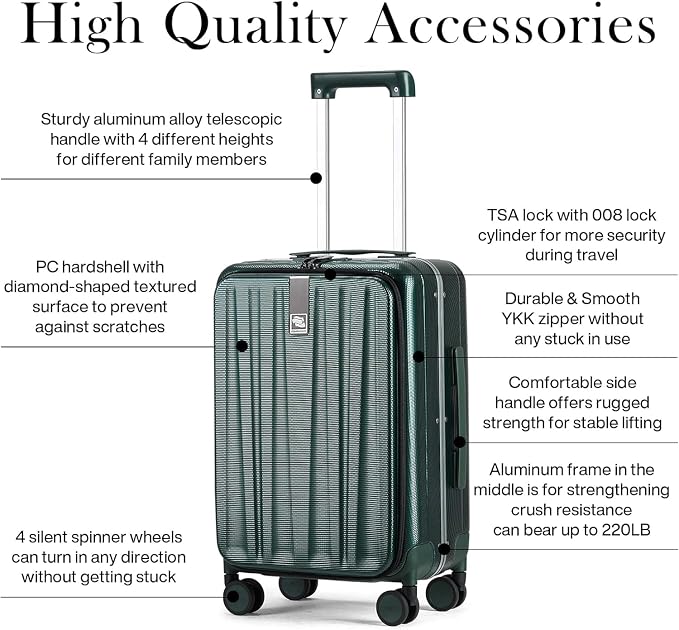 Hanke 20 Inch Carry On Luggage Aluminum Frame Front Opening Rolling Suitcase PC Hard Sided Luggage with Spinner Wheels Travel Luggage for Woman Men Gifts.(Dark Green) - Image 6