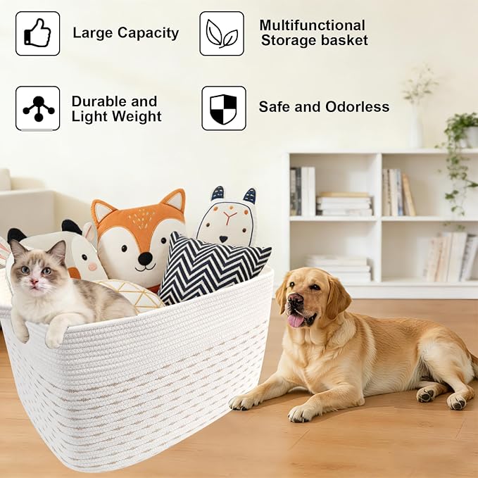 65L Collapsible Woven Rope Laundry Basket with Handles, Yellow | 21x16x12 Foldable Rectangular Blanket Basket for Toys, Clothes & Pillows,Ideal for Nursery, Bathroom, Bedroom, Living Room - Image 7