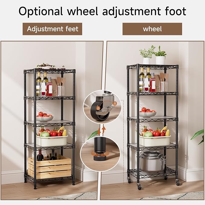 Golpart Small 5 Tier Shelves Storage Wire Shelving Unit Metal Shelf Adjustable Organizers Storage Shelving with Wheels for Bathroom Laundry Room Kitchen Pantry11.7”D x 17.7”W x 57.2”H Black - Image 7