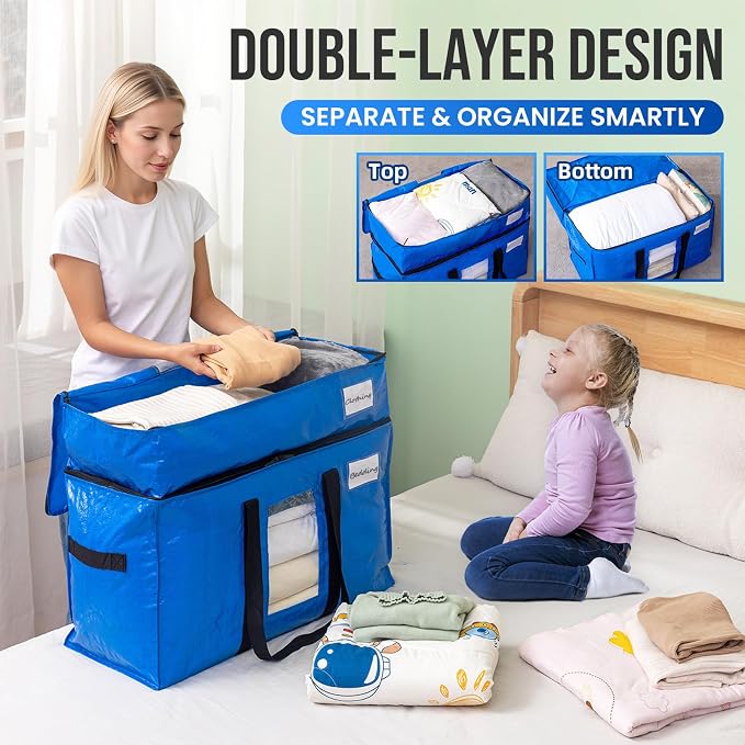 TAILI 2 Tier Extra Large Moving Bags, 2 Pack Blue Heavy Duty Totes For Storage with Visible Window, Wrap Around Handles, Storage Bags for Space Saving, Alternative to Moving Boxes - Image 3
