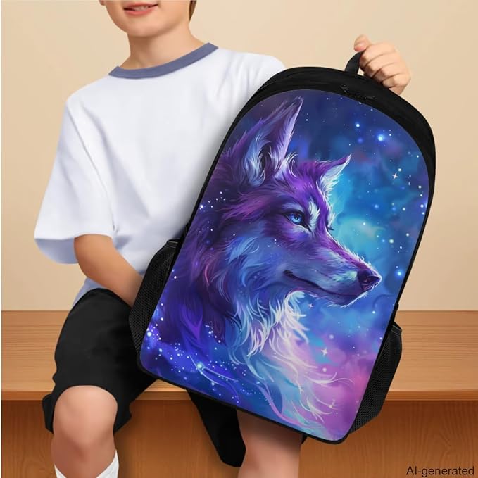 Galaxy Wolf Backpack for Girls Boys Backpack with Lunch Box Water Bottle Carrier and Pencil Pouch 4PCS Set Bookbag with Compartments for School 17 inch Large Capacity School Bag for Kids - Image 3