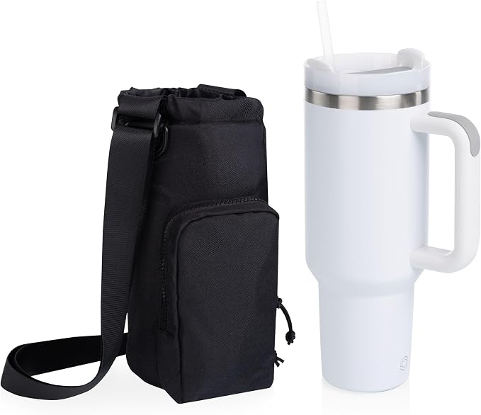 PICNIC TIME Eclipse Tumbler Tote with 40oz Stainless Travel Mug, Eco-Friendly Water Bottle Sling Bag, Crossbody Cup Holder with Phone Pocket & Strap, Recycled Fabric Drink Carrier & Tote (Black) by PicnicTimeFamilyofBrands