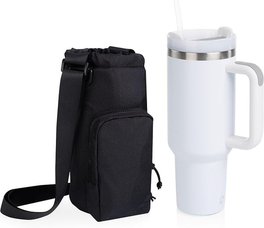 PICNIC TIME Eclipse Tumbler Tote with 40oz Stainless Travel Mug, Eco-Friendly Water Bottle Sling Bag, Crossbody Cup Holder with Phone Pocket & Strap, Recycled Fabric Drink Carrier & Tote (Black) by PicnicTimeFamilyofBrands
