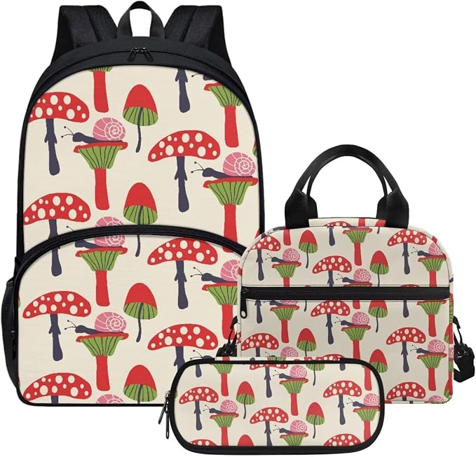 Beige Red Mushroom Backpack with Lunch Box and Pencil Case Girls Comfy Padded Cute School Backpack Set of 3 Bookbag for Student Lightweight Large Capacity Daypack by Parprinty