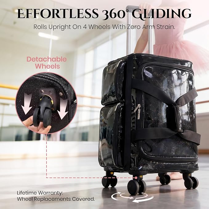 Fanwoli 23" Rolling Dance Duffel Bag with Garment Rack | Detachable 4-Spinner Wheels | Waterproof Glitter Fabric | Competition Travel Luggage for Cheerleader, Skating, Gymnast & Sleepover | Black - Image 2