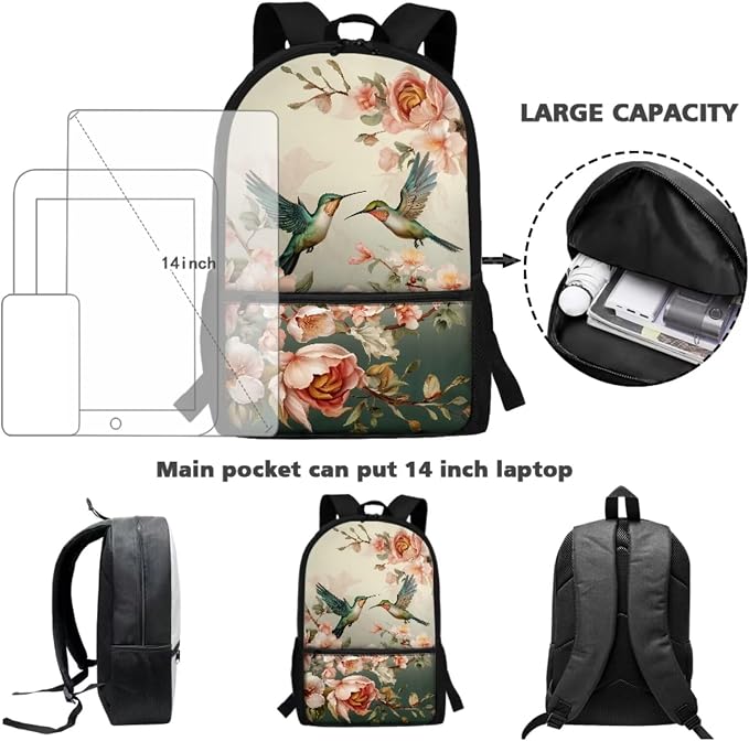Rose Floral Hummingbird Print Backpack Set 17 Inch Schoolbag Large Capacity Bookbag Lunch Box Pencil Case Casual Rucksack Lightweight Daypack with Ergonomic Straps for Hiking - Image 3