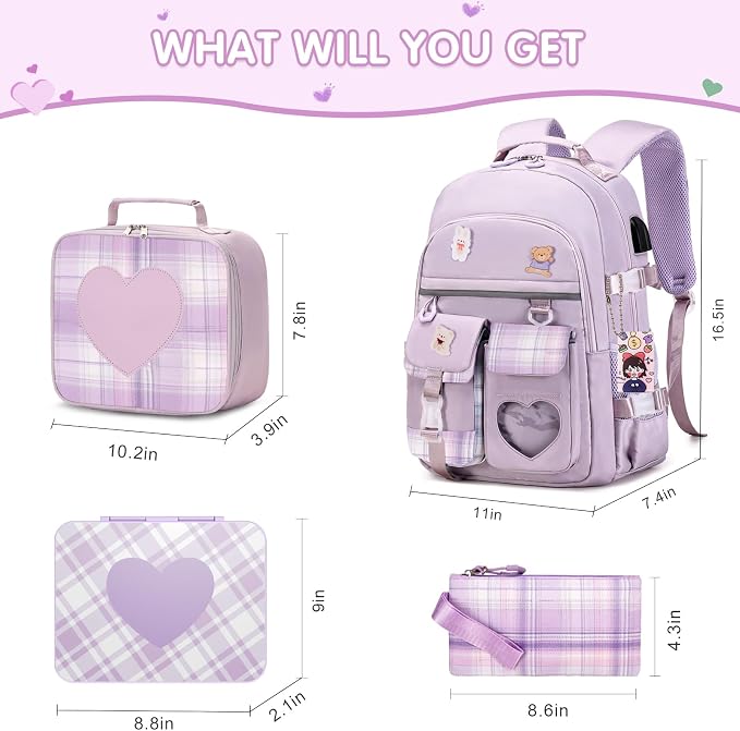 ACESAK Girls Backpack - Bento Box with Insulated Lunch Bag Pencil Case & Utensils Set for Kids, 6 Leakproof Compartments Removable Tray Lunches or Snack Container for School (Purple) - Image 2