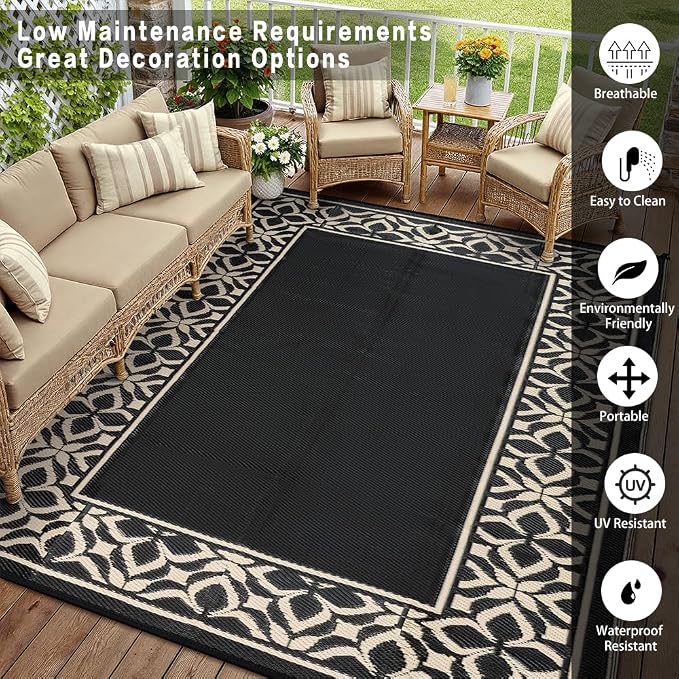 PureCozy Outdoor Plastic Straw Rug Black Beige Large Outside Waterproof Outdoor Patio 9x12 Carpet Geometric Reversible Mat Modern for Camping RV Porch Deck Balcony Beach - Image 6
