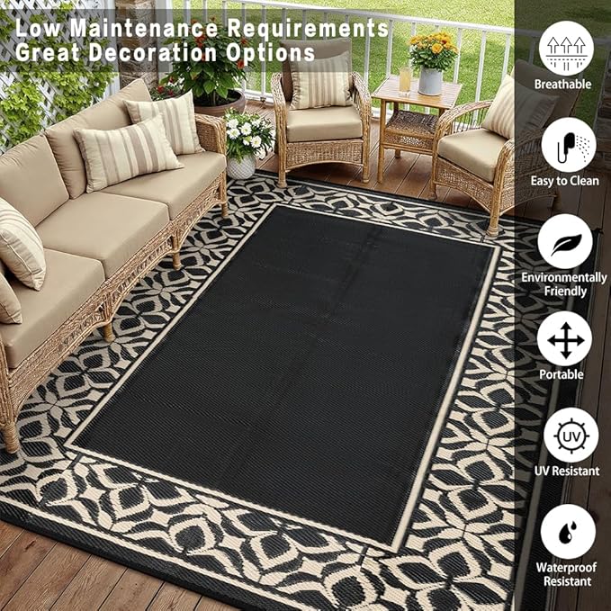 PureCozy Outdoor Plastic Straw Rug Black Beige Large Outside Waterproof Outdoor Patio 8x10 Carpet Geometric Reversible Mat Modern for Camping RV Porch Deck Balcony Beach - Image 6