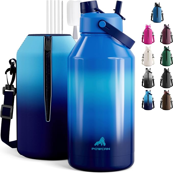 POWCAN 64 oz Insulated Water Bottle with 2-in-1 Straw and Spout Lid, Leakproof, Carrier Bag, Cleaning Brush, BPA-Free, Metal Water Bottle with Handle for Outdoors, Sport, Gym and Hiking (Shoreline) by POWCAN