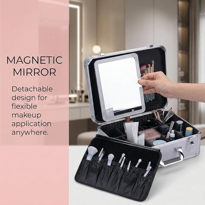 CHENGLIN Extra Large 15 inches Makeup Case with Lighted Mirror – Cosmetic Organizer with Adjustable Dividers, Magnetic LED Mirror, Portable Makeup Suitcase for Women (Silver) - Image 5