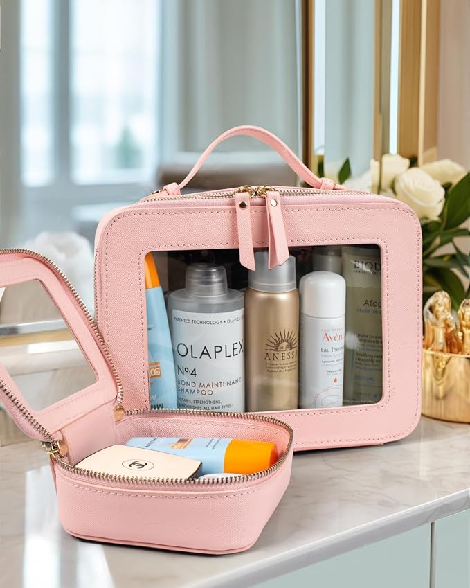 LETGO 2 Pack Clear Travel Toiletry Bag for Women, Large & Mini Waterproof PU TSA Approved Cosmetic Pouches, Portable Beach Vacation Makeup Organizer Set, See Through Skincare Sunscreen Bags for Women - Image 3