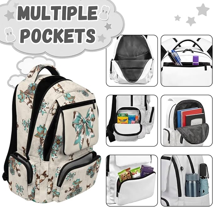Cow Print Bow 4Pcs Kids Backpack Set, 17 Inch School Bag | Lunch Bag, Water Bottle Holder, Lightweight Durable 600D Material, Multi Pockets, for Boys Girls Elementary Middle School - Image 3