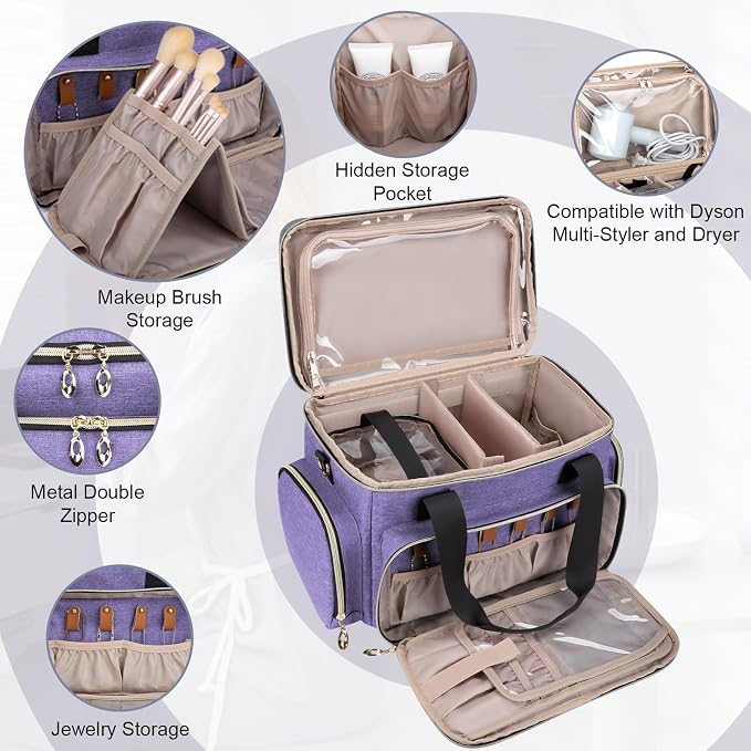 GDNasist Large Makeup Bag, Portable Travel Makeup Bag Organizer for Women Girls with 2 Removable Pouches & Detachable Dividers, Cosmetic Travel Bag, Toiletry Bag for Makeup and Hair Supplies, Purple - Image 4