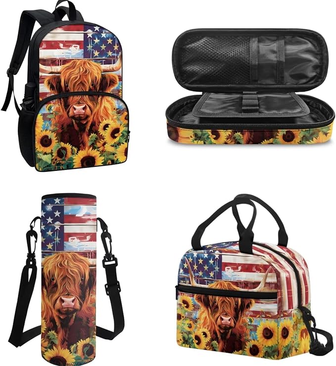 POLERO Kids School Backpack Set American Flag Sunflower Highland Cow Print Bookbags with Lunch Box for Middle Elementary School - Image 2