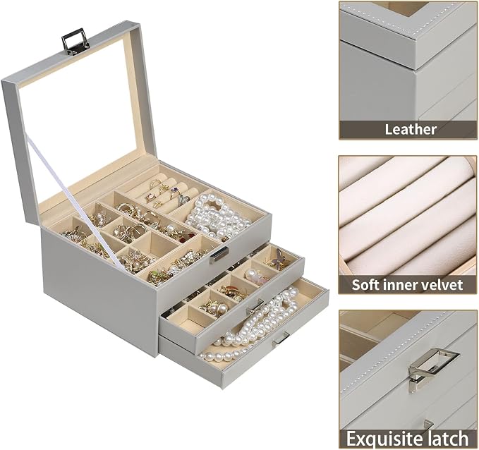 BOOVO Clear Lid Jewelry Box,3 Layers Jewelry Organizer Large Jewelry Storage Box with 2 Drawers,Jewelry Holder Organzier of Rings Earrings Necklace Bracelets for Women (Grey, 3 Layer) - Image 2
