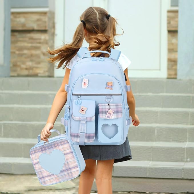 ACESAK Backpack for Girls with Headphones - Girls Backpack with Lunch Box, Pencil Case & Kids Headset - 3.5mm Wired Headphones for School Bookbag Schoolbag Set Back To School Gift (Blue) - Image 7
