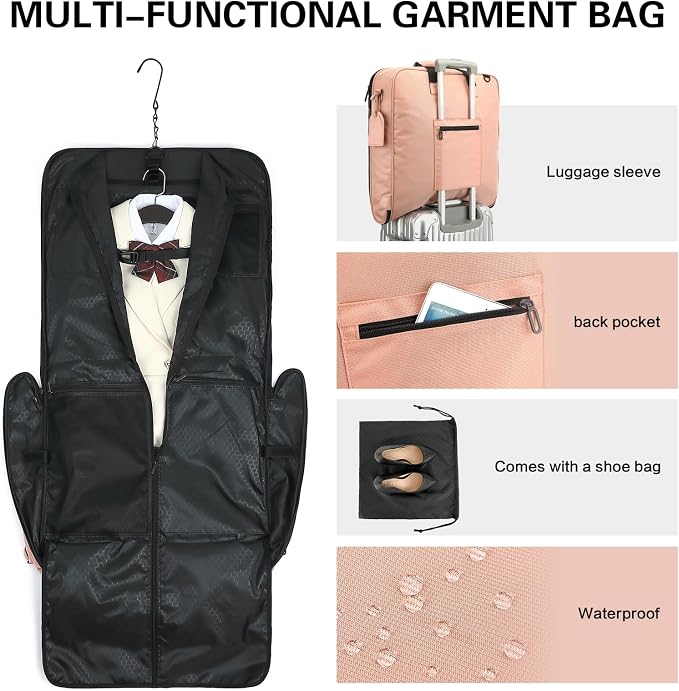 Travel Garment Bag Carry on Suit Bag for Women 51'' Waterproof Garment Bags Dress Bag for Travel Business Hanging Suitcase Luggage Bag with Shoulder Strap free shoe bag Fit 15.6'' Laptop, Pink - Image 5