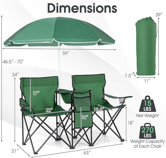 Goplus Double Camping Chair with Umbrella, Folding Loveseat Chairs w/Canopy Shade, Carrying Bag, Table, Cup Holder, Portable Beach Chairs Outdoor Picnic Patio (Green) - Image 3