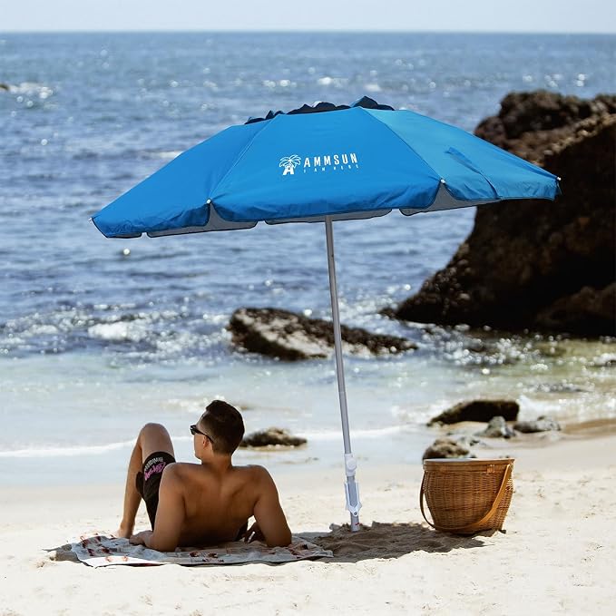 AMMSUN 6.5ft Twice Folded Portable beach umbrella with Sand Anchor Windproof Tilt Pole Air vent UPF 50+ Protection Fits in a large Suitcase Compact For Travel Patio Garden Pool Backyard Sky Blue - Image 2