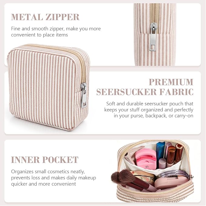 Giesiery 8 Pcs Seersucker Makeup Bags Striped Cosmetic Bags Bulk Organizer for Women Preppy Travel Toiletry Pouch for Wedding Bridesmaid Gifts (Khaki, Mini) - Image 5