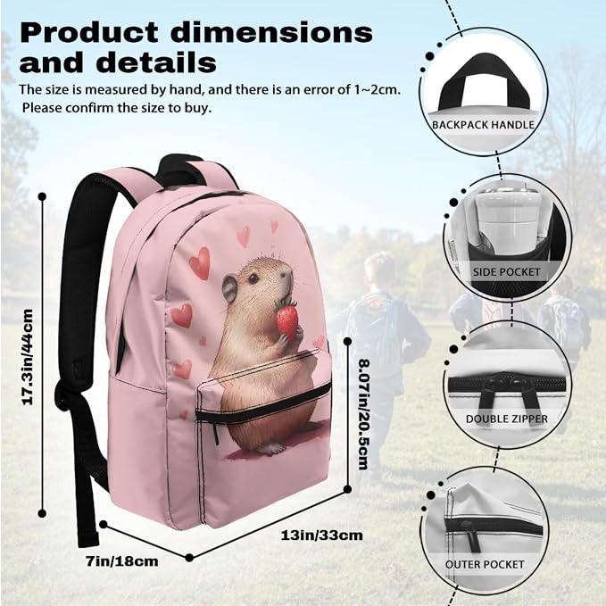 Adorable Capybara Backpacks for 5th Grade Girls, Pink Backpack and Lunch Box for Girls Kids Travel Sports Bookbag Lightweight, 4-Piece School Essentials Set for for 6-8 8-10 Year Olds - Image 3