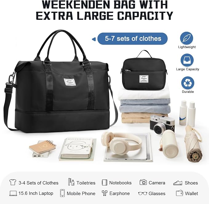 Travel Duffel Bag with Shoes Compartment,Weekender Bags for Women Travel | Overnight Carry-On Bag with Toiletry Bag & Wet Pocket & Trolley Sleeve,Extra Large - Image 3