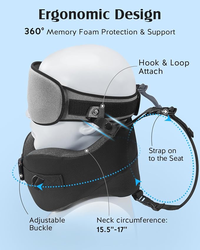 YFONG Travel Pillow for Long Flight Airplane, Head Strap Combo with 3D Contoured Sleep Eye Mask, Neck Pillow for Travel Essential, 360° Support Memory Foam Headrest, Prevent Bobbing, Drawstrap - Grey - Image 5