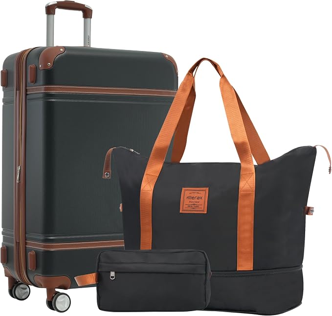 Merax Luggage Set,24 IN Hardside Suitcase with Duffel Bags,3 Piece Expandable Luggage with Spinner Wheels, Vintage Luggage with TSA Lock Lightweight,(Black) by Merax