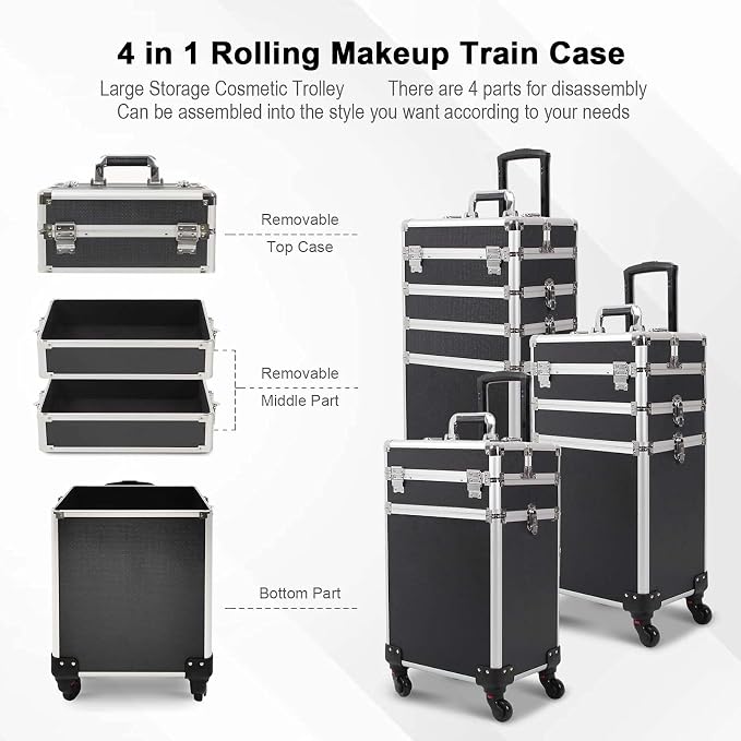 4 in 1 Rolling Makeup Train Case, Large Storage Cosmetic Trolley Makeup Travel Case with Key & Wheels Salon Barber Case Traveling Cart Trunk (Black) (0057) - Image 2