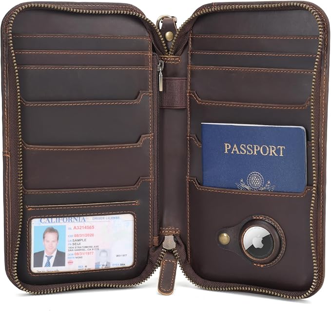 Polare Full Grain Leather Family Passport Holder Travel Wallet and Documents Organizer RFID Blocking Case Fits 6 Passports (Dark Brown with AirTag Slot) by polareoriginal