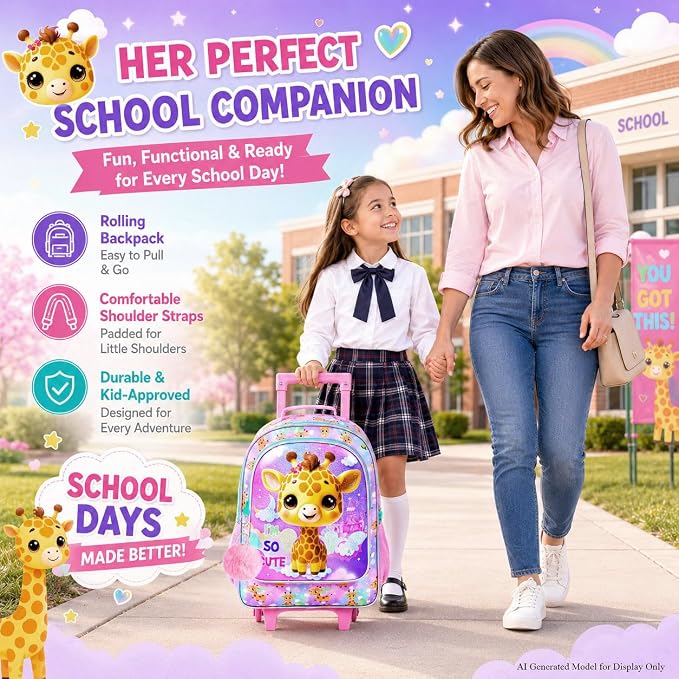 HPJGD 3PCS Giraffe Rolling Backpack for Girls, Kids School Backpacks with Wheels, Water Resistant UV Printed Roller Wheeled Bookbag Set - Image 7