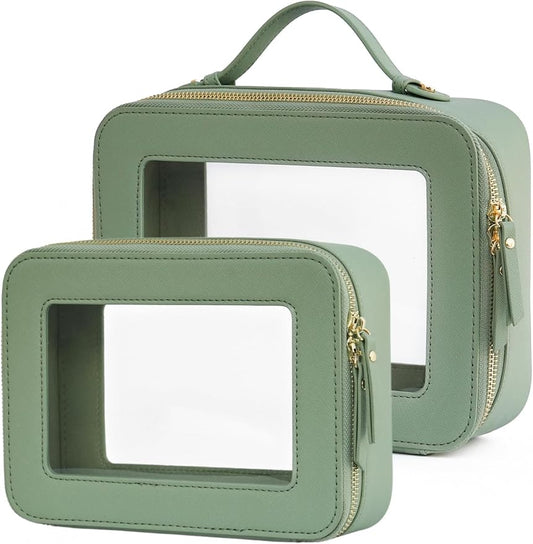 Popvibe Clear Makeup Bag Travel Cosmetic Case Transparent Toiletry Bag with Zipper, Portable Make Up Organizer Traveling Compact Car Bag for Essentials, Sage Green, Medium and Large by POPVIBE