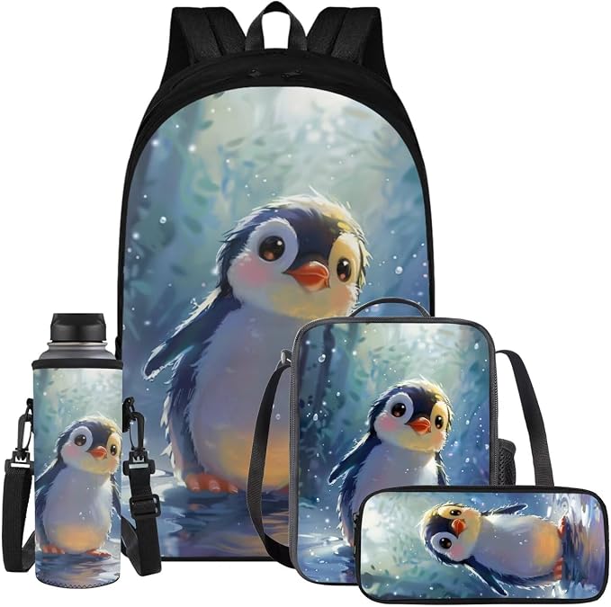 Penguin Backpack for Girls Kids Backpack with Lunch Box Water Bottle Holder with Strap and Kawaii Pencil Case 4PCS Set Cute Bookbag with Compartments 17 inch Large Capacity School Bag for Boys by ELEDIZI