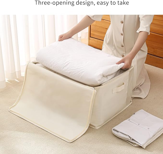 4 Pack Large Canvas Comforter Storage Bags Closet Organizer for Clothes Sweater Clothes Organizer with Dual Zipper Three Carrying Handles for Blanket Closet Storage Container - Image 4
