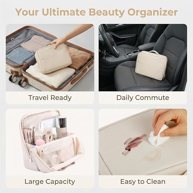 Standing Makeup Bag, Fold Down Trave Cosmetic Bag,Large Capacity Toiletry Bags for Women,Portable Free-Standing Makeup Bag and Brush Storage Bag for Easy Access (Creamy) - Image 6