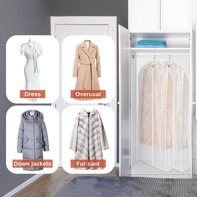 Zilink Breathable Leather Jacket Coat Storage Bags 60” Dress Bags for Gowns Long Dust Covers for Hanging Clothes with 7" Gussted Wrinkle Free for Leather Jacket Fur Coat Puffy Dress Storage, Set of 4 - Image 3