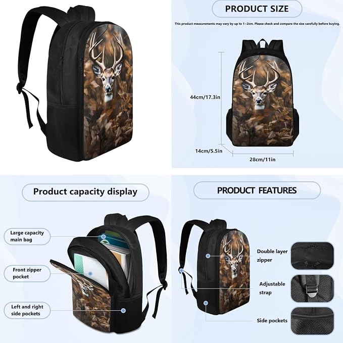 Deer Camo Backpack for Boys Kids Backpack with Lunch Box Water Bottle Bag and Soft Pencil Case 4PCS Set Bookbag with Compartments for School Teens 17 inch Sturdy School Bag with Side Pocket - Image 4