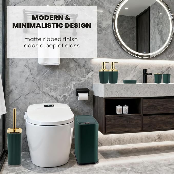 XLHOMO 9-Piece Dark Green Bathroom Accessories Set - Slim Pop-up Trash Can with Lid, Toilet Brush, Soap Dispenser & Apothecary Jars - Luxury Emerald Decor for Small Spaces - Image 6