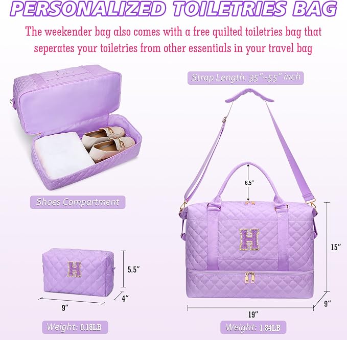 Gifts for Women Initial Travel Duffle Bag Quilted Weekender Bags Carry-On Overnight with Cosmetic Bag, Gym Bag with Shoe Compartment Hospital Bag for Women Labor Delivery, Purple-H - Image 7