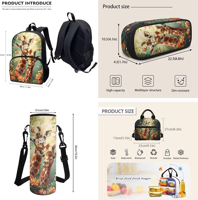 POLERO Cute Giraffe Backpacks for Girls Kids Backpack for School 4Pcs Bookbag Set with Lunch Box Pencil Case Water Bottle Holder - Image 3