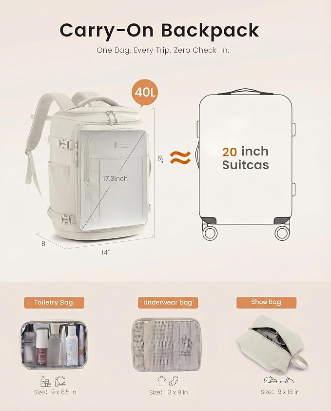 LOVEVOOK Travel Backpack for Women & Men, 40L TSA Approved Carry On Backpack with 3 Packing Cubes, Waterproof Weekender Overnight Bag for 2-4 Day Trips, Business & Travel Essentials, Beige Gray - Image 3