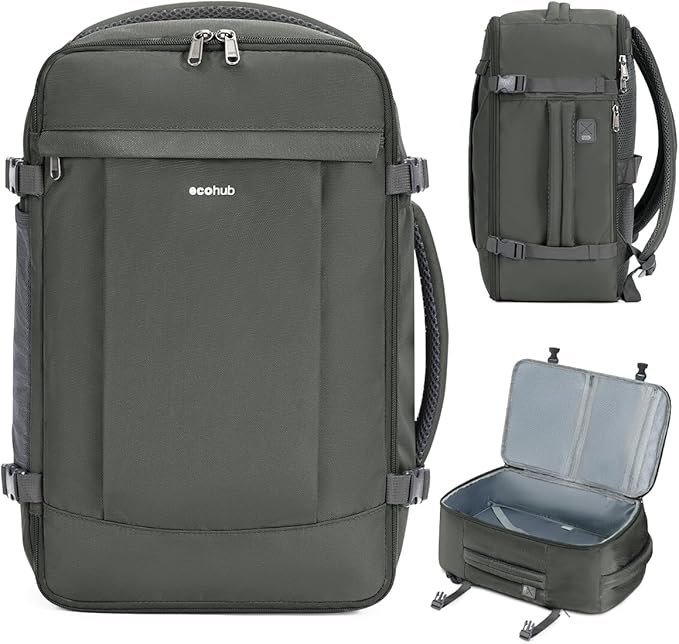 ECOHUB Travel Backpack for Men Women, Carry on Backpack with USB Charging Hole, Spirit Airlines Personal Item Bag Flight Approved, 15.6 Inch Laptop Backpack with Anti Theft Pockets, 30L, Grey Green by ECOHUB