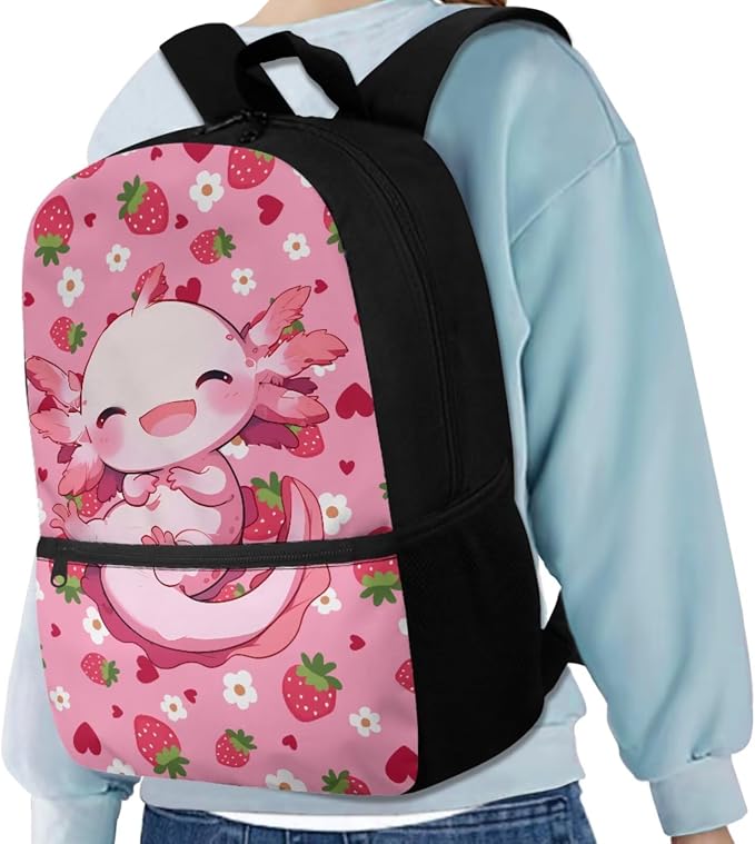 Axolotl Backpack Kids Backpack Set with Lunchbox Pencil Case and Bottle Holder Bookmark Strawberry Bookbag Set of 5 Printed Matching 5Pcs Bookbags Set for Girls Boys - Image 2