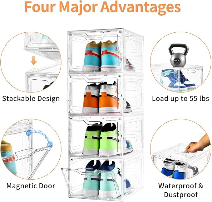 12 Pack Thicken & Sturdy Clear Shoe Storage Organizer with Magnetic Door, Shoe Boxes Clear Plastic Stackable for Closet, Shoe Rack for Sneaker Boot Container, Shoe Cabinet Fit up to US Size 12 - Image 4