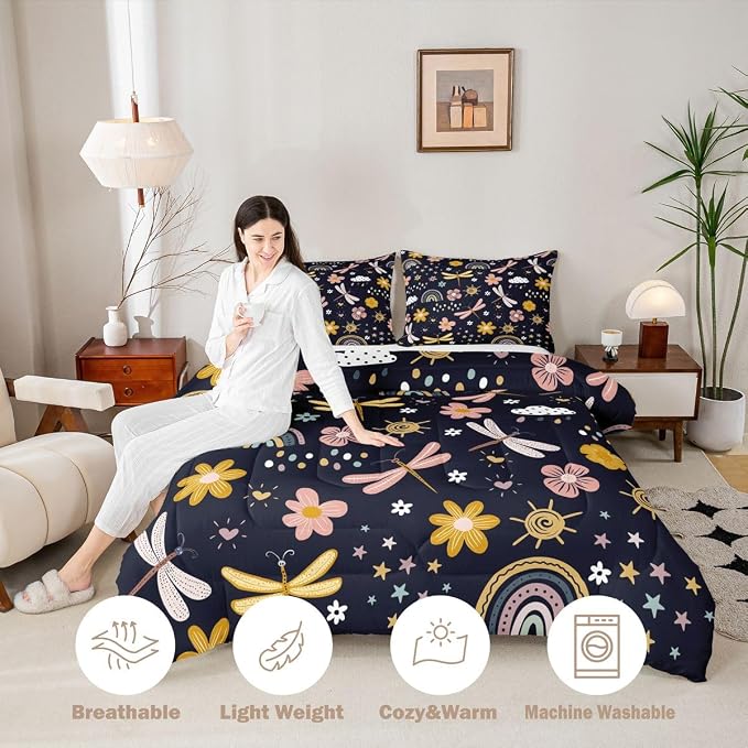 Erosebridal Rainbow Comforter Set, Cartoon Dragonfly Quilt Queen Size for Kids Girls Women Adult, Pink Flower Floral Duvet Insert Kawaii Iridescent Bedding Set 3Pcs with 2 Pillow Cases, Black Yellow - Image 3