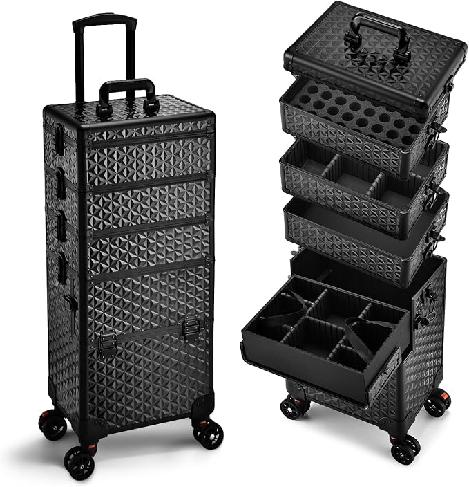 Yueieoun 5 in 1 Makeup Train Case, Cosmetology Case on Wheels Travel Make up Case Rolling Nail Cart Makeup Organizer Cosmetic Storage Box Cases Extra Large Trolley Truck with 360° Swivel Wheels, Black by Yueieoun