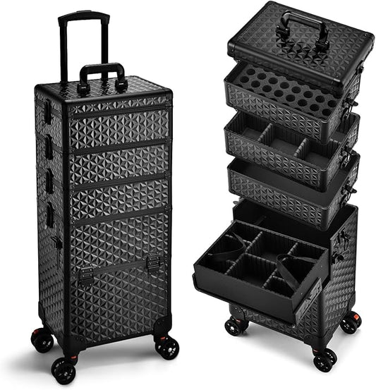 Yueieoun 5 in 1 Makeup Train Case, Cosmetology Case on Wheels Travel Make up Case Rolling Nail Cart Makeup Organizer Cosmetic Storage Box Cases Extra Large Trolley Truck with 360° Swivel Wheels, Black by Yueieoun